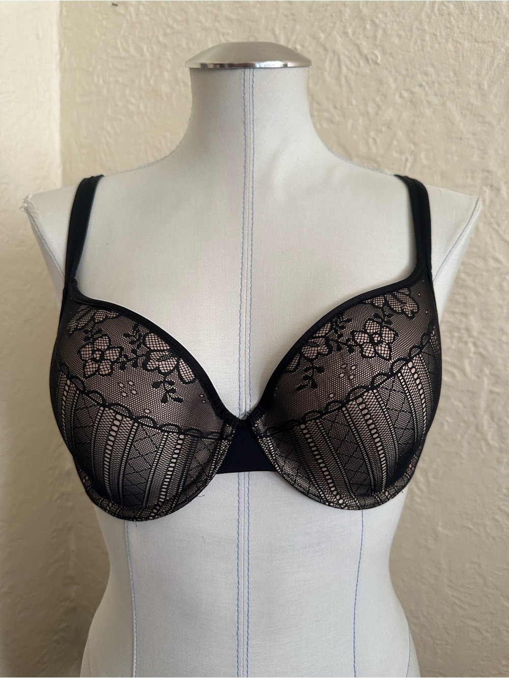 Wacoal Finishing Touch Contour Bra Nude Beige Black Illusion Mesh Underwire Bra